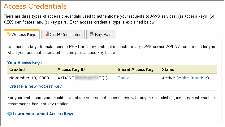 AWS Access Credentials Page